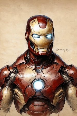 Ironman suit Marvel character art by Jeremy Mann and Carne Griffith,on parchment,ink illustration,fr4z3tt4 ,more detail XL