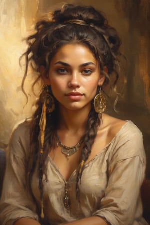 A serene and alluring Gypsy girl sits confidently in a warm, golden-lit studio setting. Her radiant complexion glows against the soft focus background, while her striking feature is framed by a messy bun of tangled dreadlocks that cascade down her back like a waterfall of dark, rich silk.,more detail XL