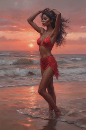 Red-tinted sunset glows on the digital canvas as our stunning Indian supermodel strikes a confident pose, her slender fingers wrapped around the back of her head in a captivating 'hands up' gesture. A vibrant red bikini hugs her toned physique, drawing attention to her curves. In the beach background, Jeremy Mann's and Carne Griffith's artistry comes alive on parchment-like textures, a kaleidoscope of colors swirling behind our beauty. The overall aesthetic is sultry, playful, and Instagram-ready.