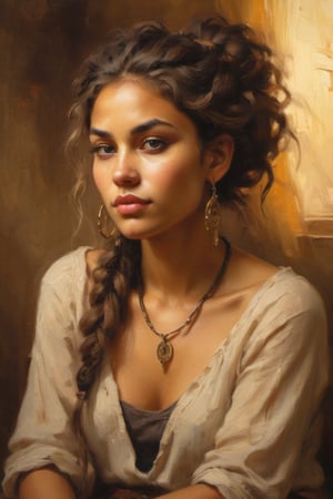 A serene and alluring Gypsy girl sits confidently in a warm, golden-lit studio setting. Her radiant complexion glows against the soft focus background, while her striking feature is framed by a messy bun of tangled dreadlocks that cascade down her back like a waterfall of dark, rich silk.,more detail XL