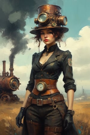 retro future 1920 steampunk english girl mechanical engine hat and waist belt. retro clothes by Ismail Inceoglu and Jeremy Mann,oil painting,more detail XL