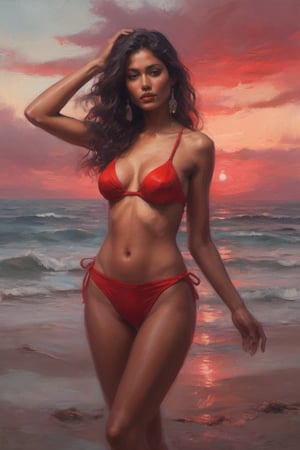 Red-tinted sunset glows on the digital canvas as our stunning Indian supermodel strikes a confident pose, her slender fingers wrapped around the back of her head in a captivating 'hands up' gesture. A vibrant red bikini hugs her toned physique, drawing attention to her curves. In the background, Jeremy Mann's and Carne Griffith's artistry comes alive on parchment-like textures, a kaleidoscope of colors swirling behind our beauty. The overall aesthetic is sultry, playful, and Instagram-ready.