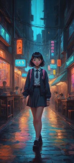 a school girl dark night with neon lights and tungsten lighting colorful iridescent detailed lighting inspired by Hayao Miyazaki,lofi vibe,oil painting