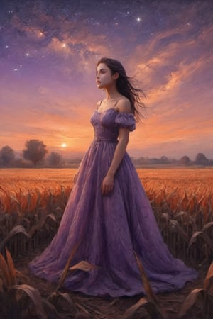 I girl,full body, standing in a corn field, Orange Princess dress,windy Twilight, Star in sky, the girl gazing the stars, (seeing sky:1.1),purple shade tone sky, realistic, very detailed, High quality background, dreamy like image, flawless beautiful pictures,mood setting aura,( low agle shot:1.2),Detailedface, dynamic posing