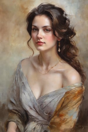 A tenderly lit, oil-painted portrait of a stunning, 30-year-old woman, reminiscent of John Singer Sargent's delicate brushstrokes. The subject's girlish features are meticulously rendered: a slender nose, luminous, large eyes with subtle eyelid creases, and plump lips curved into a gentle smile. Ivana Besevic's print-like quality is evoked through the fine details and textured strokes, while Rembrandt's lighting techniques bring warmth and depth to her porcelain-like complexion.
