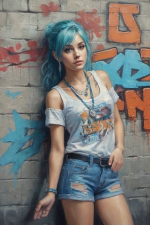 masterpiece, best quality, 1 sister, alone, women&#39;s shirts, Denim shorts, necklace, （Graffiti：1.5）, paint splatter, Put your arms behind your back, leaning against wall, looking at the audience, armband, thigh strap, Painting body, head tilt, having fun, hair color, aqua eyes, earphone,graffiti wall