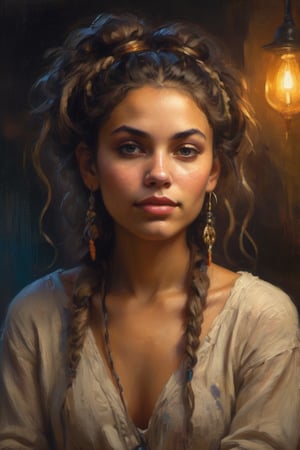 A serene and alluring Gypsy girl sits confidently in a warm, neon-lit studio setting. Her radiant complexion glows against the soft focus background, while her striking feature is framed by a messy bun of tangled dreadlocks that cascade down her back like a waterfall of dark, rich silk.,more detail XL