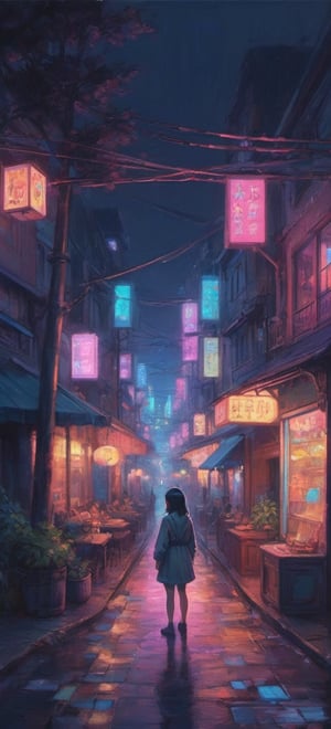 isometric girl dark night with neon lights and tungsten lighting colorful iridescent detailed lighting inspired by Hayao Miyazaki,lofi vibe,oil painting