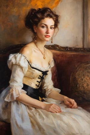 An oil painting in the style of John Singer Sargent and a print by Ivana Besevic, the lighting style of Rembrandt. A beautiful portrait of a 1600 centuries english village women. Sitting sofa, A detailed, beautiful, girlish face. Narrow nose, beautiful, large eyes and full lips,(brilliant composition), looking_at_viewer 