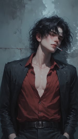 1boy, solo, messy hair, shirt, black hair, red-tone highlight hair, golden hue highlight, holding, standing, closed mouth, closed eyes, attitude, red shirt, open shirt, male focus, stand against wall, on back, shirt, wall, smoke, cigarette, smoking, holding cigarette,score_tag, sun light, twilight lights, retro light, sun highlighted canvas, raw photo, ultra detailed, hyper realistic, detailed photo, photoshoot,more detail XL