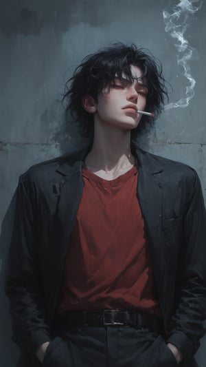 1boy, solo, messy hair, shirt, black hair, red-tone highlight hair, golden-red hue highlight, holding, standing, closed mouth, closed eyes, attitude, red shirt, open shirt, male focus, stand against wall, indoor, on back, shirt, wall, smoke, cigarette, smoking, holding cigarette,score_tag, sunset light, twilight lights, dramatic light, retro light, raw photo, ultra detailed, hyper realistic, detailed photo, photoshoot,more detail XL