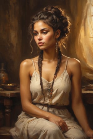 A serene and alluring Gypsy girl sits confidently in a warm, golden-lit studio setting. Her radiant complexion glows against the soft focus background, while her striking feature is framed by a messy bun of tangled dreadlocks that cascade down her back like a waterfall of dark, rich silk.,more detail XL