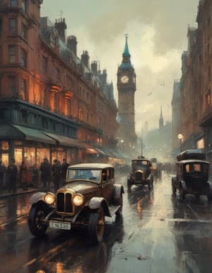 retro future 1890 steampunk London downtown diverse cars  by Ismail Inceoglu and Jeremy Mann,oil painting