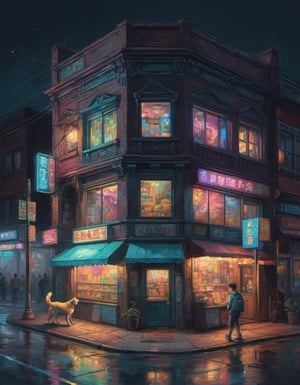isometric city corner store city block dark night with neon signs and tungsten lighting and a boy walking dog colorful iridescent detailed lighting inspired by Hayao Miyazaki,oil painting