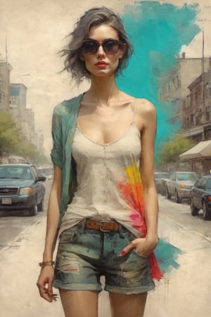 a super model instagram girl. modern cool summer clothes. colorful art by Jeremy Mann and Carne Griffith,on parchment,digital painting