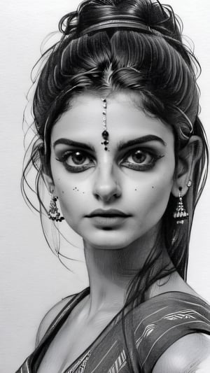 Beautiful indian Instagram model girl, charcoal sketch,  anatomy , pencil_(artwork), pencil_art, pencil_art, rough_sketch, Pencil draw of a very beautiful indian model girl on paper, sarong, Indian beauty,monochrome,LinkGirl