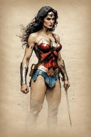 Wonderwoman suit DC character design colorful art by Jeremy Mann and Carne Griffith,on parchment,ink illustration