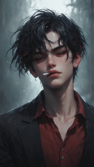 Moody solo portrait of a boy with messy black hair and striking golden-red highlights. He stands against a white wall, red shirt open to reveal a hint of chest, cigarette dangling from his lips as he exhales smoke into the twilight air. The sun's warm glow casts long shadows across his face, eyes closed in a rebellious pose. The soft focus and blurred background accentuate the boy's rugged attitude.