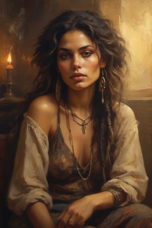 A sensual Gypsy woman sits serenely in a warm, golden-lit studio, surrounded by a soft focus haze. Her radiant skin glows against the blurred background as she effortlessly vaping smoking, a wispy trail of smoke curling up from her lips like a whispered secret. Her striking facial features are framed by an untamed mane of dark dreadlocks that cascade down her back like a rich tapestry.