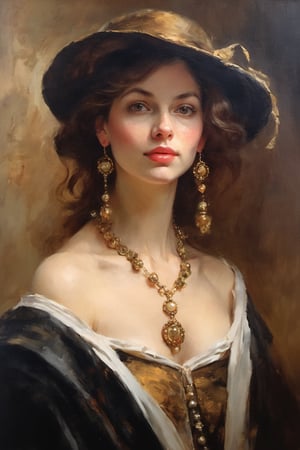 An oil painting in the style of John Singer Sargent and a print by Ivana Besevic, the lighting style of Rembrandt. A beautiful portrait of a 1600 centuries english village women. A detailed, beautiful, girlish face. Narrow nose, beautiful, large eyes and full lips,(brilliant composition), looking_at_viewer 