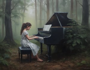oil painting of a desperately survival girl in a playing in the piano, she is very lonely. she is sitting down tree with a piano, moody forest after rain. detailed and moody atmosphere ,painting,oil painting