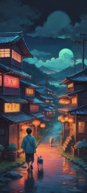 isometric Japanese traditional village dark night with neon signs and tungsten lighting and a boy walking dog colorful iridescent detailed lighting inspired by Hayao Miyazaki,lofi vibe,oil painting