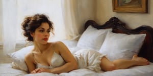 An oil painting in the style of John Singer Sargent and a print by Ivana Besevic, the lighting style of Rembrandt. A beautiful portrait of a  attractive women. laying on a bed, appealing dress. A detailed, beautiful, girlish face. Narrow nose, beautiful, large eyes and full lips,(brilliant composition) ,oil painting