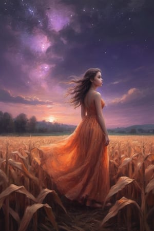 1 girl,full body, standing in a corn field, Orange Princess dress,windy Twilight, Star in sky, the girl gazing the stars, (seeing sky:1.1),purple shade tone sky, realistic, very detailed, High quality background, dreamy like image, flawless beautiful pictures,mood setting aura,( low agle shot:1.2),Detailedface, dynamic posing