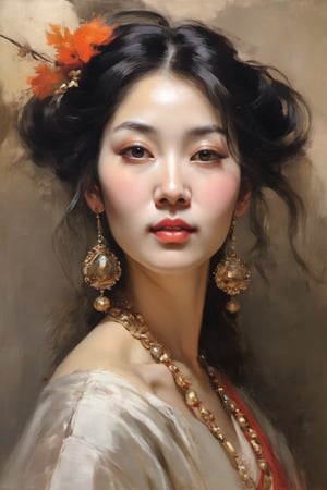 An oil painting in the style of John Singer Sargent and a print by Ivana Besevic, the lighting style of Rembrandt. A beautiful portrait of a 1800 centuries attractive Chinese women. A detailed, beautiful, girlish face. Narrow nose, beautiful, large eyes and full lips,(brilliant composition)