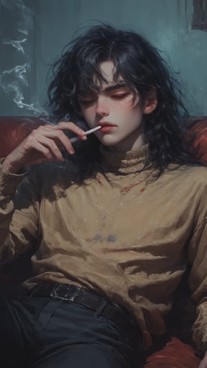 1boy, solo, messy hair, shirt, black hair, red-tone highlight hair, golden-red hue highlight, holding, sitting, closed mouth, closed eyes, attitude, yellow sweater, male focus, lying, indoor, on back, sweater, red couch, smoke, cigarette, smoking, holding cigarette,score_tag, sunset light, twilight lights, dramatic light, retro light, raw photo, ultra detailed, hyper realistic, detailed photo, photoshoot,more detail XL