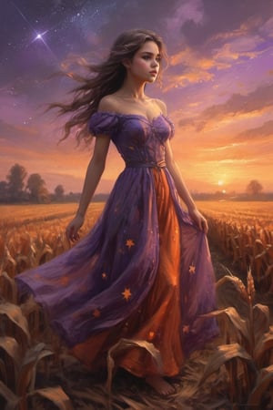 1 girl,full body, standing in a corn field, Orange Princess dress,windy Twilight, Star in sky, the girl gazing the stars, (seeing sky:1.1),purple shade tone sky, realistic, very detailed, High quality background, dreamy like image, flawless beautiful pictures,mood setting aura,( low agle shot:1.2),Detailedface, dynamic posing,more detail XL