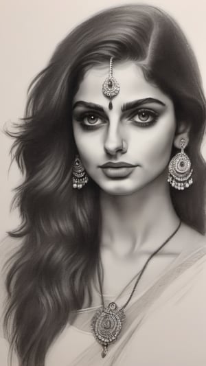 Beautiful indian Instagram model girl, charcoal sketch,  anatomy , pencil_(artwork), pencil_art, pencil_art, rough_sketch, Pencil draw of a very beautiful indian model girl on paper,monochrome,