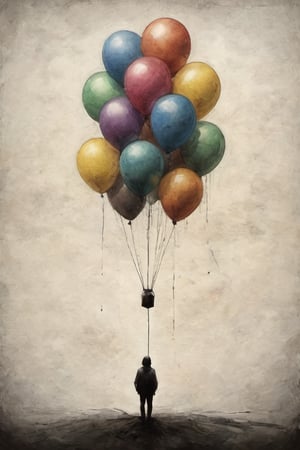 minimalism digital painting, (style of Stephen Gammell:1.3), vertical digital rainfall, [multiple rainbow balloon existentialism], silhouette, despair