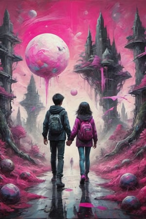 a dreamlike fantasy depiction of the essence of exploration, (1 young boy , 1 girl), dark hair, holding hands, walking away from camera, exploring a mix of fantasy forest on the left and futuristic city on the right, dreamscape, bizarre hallucinations, dreampunk, graffiti art, ghosts, splashes of black and fuchsia paint in the background, cool art, geometric shapes, organic shapes, best quality, full body portrait, beautiful, perfect detail, digital_art , geometric, rule of thirds,aw0k straightstyle,vaporwave style, dripping paint,