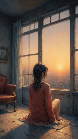 1girl, solo, messy hair, shirt, black hair, red-tone highlight hair, golden-red hue highlight, holding, sitting, closed mouth, detiled eyes, attitude, red shirt, open shirt, girl focus, bedroom window, shirt, red couch, alone, looking out side, sad mind,score_tag, sunset time, twilight lights, dramatic light, retro light, raw photo, ultra detailed, hyper realistic, detailed photo, photoshoot,more detail XL
