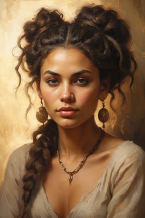 A serene and alluring Gypsy woman sits confidently in a warm, golden-lit studio setting. Her radiant complexion glows against the soft focus background, while her striking feature is framed by a messy bun of tangled dreadlocks that cascade down her back like a waterfall of dark, rich silk.,more detail XL