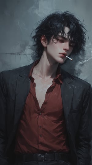 1boy, solo, messy hair, shirt, black hair, red-tone highlight hair, golden hue highlight, holding, standing, closed mouth, closed eyes, attitude, red shirt, open shirt, male focus, stand against wall, indoor, on back, shirt, wall, smoke, cigarette, smoking, holding cigarette,score_tag, twilight lights 1.2, cinematic light, sun light highlighted, raw photo, ultra detailed, hyper realistic, detailed photo, photoshoot,more detail XL