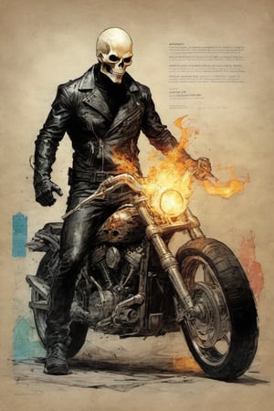 Ghost Rider suit DC character design colorful art by Jeremy Mann and Carne Griffith,on parchment,ink illustration