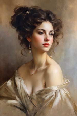 An oil painting in the style of John Singer Sargent and a print by Ivana Besevic, the lighting style of Rembrandt. A beautiful portrait of a 1800 centuries attractive women. A detailed, beautiful, girlish face. Narrow nose, beautiful, large eyes and full lips,(brilliant composition) 