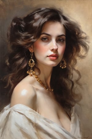 An oil painting in the style of John Singer Sargent and a print by Ivana Besevic, the lighting style of Rembrandt. A beautiful portrait of a 30-year-old attractive women. A detailed, beautiful, girlish face. Narrow nose, beautiful, large eyes and full lips