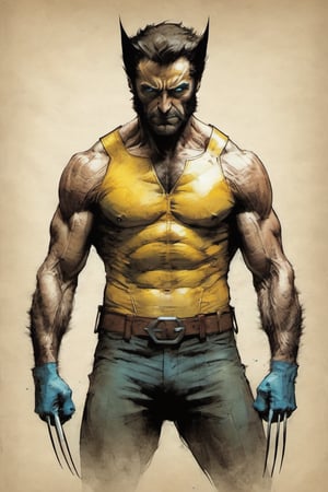 Wolverine suit Marvel character design colorful art by Jeremy Mann and Carne Griffith,on parchment,ink illustration