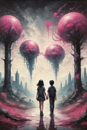 A young boy with dark hair and a girl holding hands, walking away from the camera into a dreamscape. To their left, a fantastical forest teems with life, while a futuristic cityscape unfolds on their right. The air is alive with graffiti art, ghostly apparitions, and vibrant splashes of black and fuchsia paint. Geometric shapes and organic forms blend seamlessly in the background. In crisp digital detail, the pair's figures stand out against a backdrop of dripping paint, vaporwave-inspired straight lines, and eerie haloes.