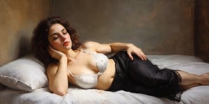An oil painting in the style of John Singer Sargent and a print by Ivana Besevic, the lighting style of Rembrandt. A beautiful portrait of a  attractive women. laying on a bed. A detailed, beautiful, girlish face. Narrow nose, beautiful, large eyes and full lips,(brilliant composition) ,oil painting