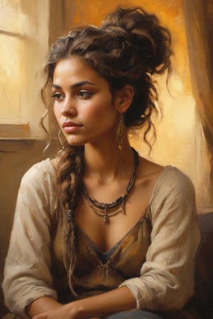 A serene and alluring Gypsy girl sits confidently in a warm, golden-lit studio setting. Her radiant complexion glows against the soft focus background, while her striking feature is framed by a messy bun of tangled dreadlocks that cascade down her back like a waterfall of dark, rich silk.,more detail XL