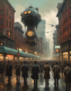 retro future 1890 steampunk Boston crowded downtown diverse population by Ismail Inceoglu and Jeremy Mann,oil painting