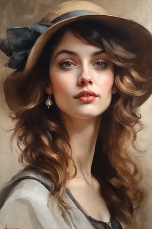 An oil painting in the style of John Singer Sargent and a print by Ivana Besevic, the lighting style of Rembrandt. A beautiful portrait of a 30-year-old attractive women. A detailed, beautiful, girlish face. Narrow nose, beautiful, large eyes and full lips