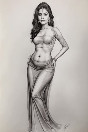 Beautiful indian cute girl, pencil sketch,  anatomy , pencil_(artwork), pencil_art, pencil_art, rough_sketch, blouse, long skirt, plump, navel, stomach, slime,beauty,DRAWING,monochrome,REALISTIC
