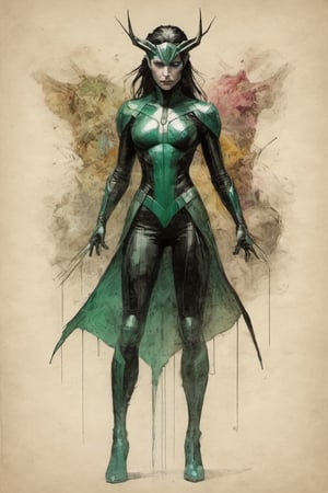 Hela suit Marvel character design colorful art by Jeremy Mann and Carne Griffith,on parchment,ink illustration