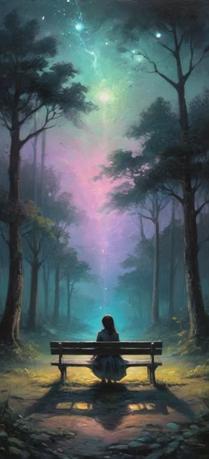 In the heart of a nature park, under a starry dark night sky, a lone figure sits on a weathered bench. The air is filled with an eerie glow as neon lights and tungsten hues blend together in a mesmerizing dance. A melancholic girl, lost in thought, gazes out into the darkness, her sadness radiating like a beacon. The iridescent lighting, reminiscent of Hayao Miyazaki's whimsical style, casts an otherworldly sheen on the scene. Soft lo-fi sounds hum in the background, as if whispers from the forest itself. Oil painting textures add a rich, tactile quality to the dreamlike atmosphere, transporting viewers to a world both haunting and beautiful.,more detail XL