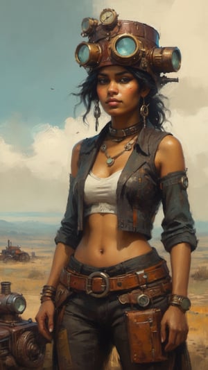 retro future 1920 steampunk indian girl mechanical engine hat and waist belt. retro clothes by Ismail Inceoglu and Jeremy Mann,oil painting,more detail XL